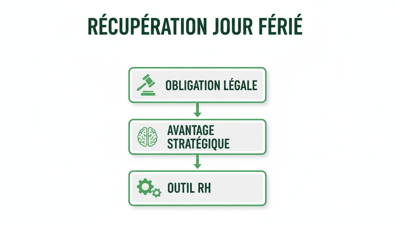 Infographie expliquant la récupération des jours fériés comme une obligation légale, un avantage stratégique et un outil RH.