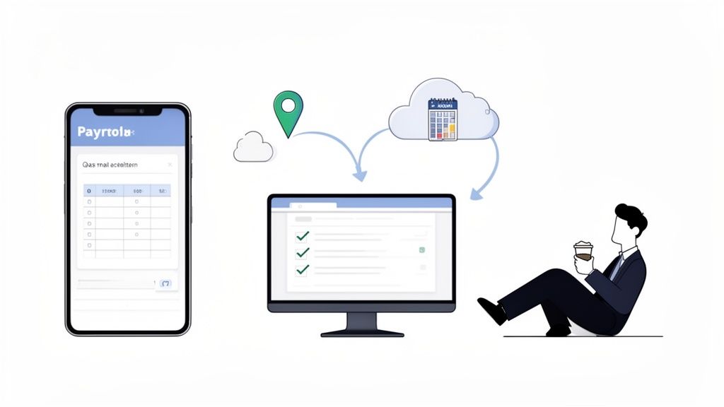 Illustratie van een digitaal proces met een Payrtola-app, computer, cloudopslag en een man.