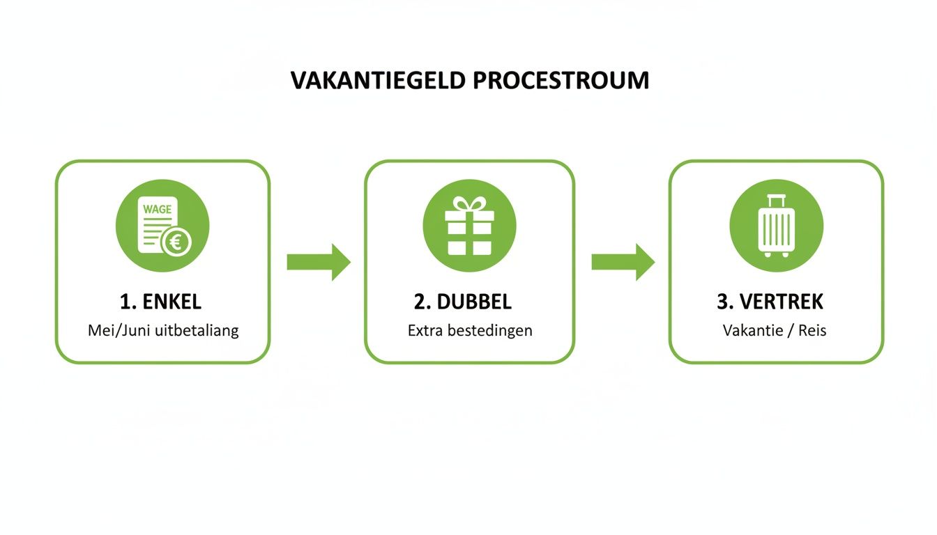 Een schematische weergave van de vakantiegeld procestroom in drie stappen: uitbetaling, extra bestedingen en vertrek voor vakantie.