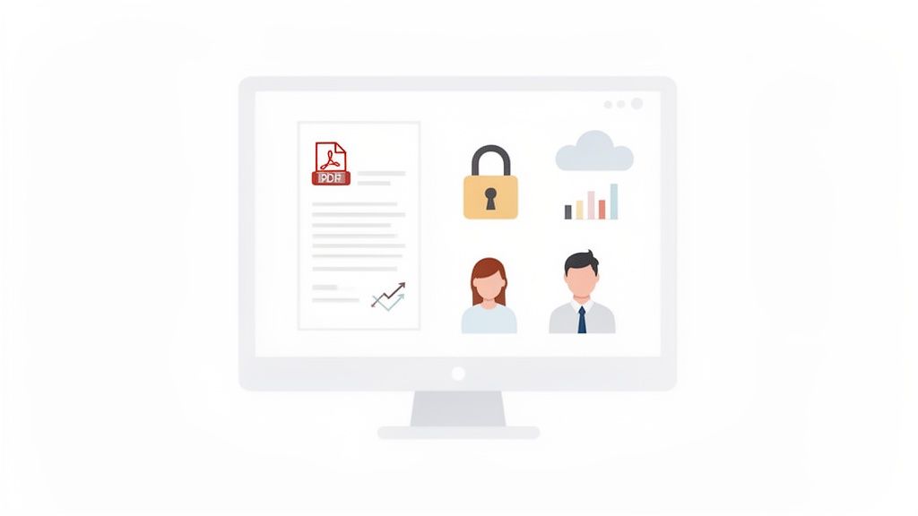 Computerscherm met iconen voor PDF-documenten, beveiliging, cloudopslag, data-analyse en gebruikers.