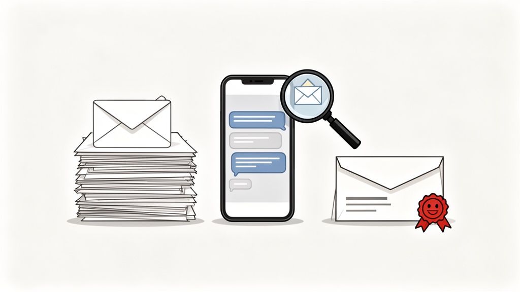 Pile de lettres et smartphone avec messages, loupe cherchant un e-mail, et une enveloppe scellée.