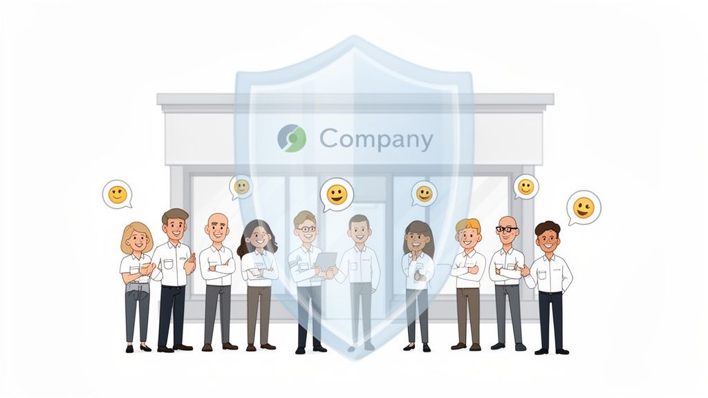 Illustration d'une équipe d'employés divers devant leur entreprise, sous un bouclier protecteur, symbolisant la sécurité et la satisfaction.