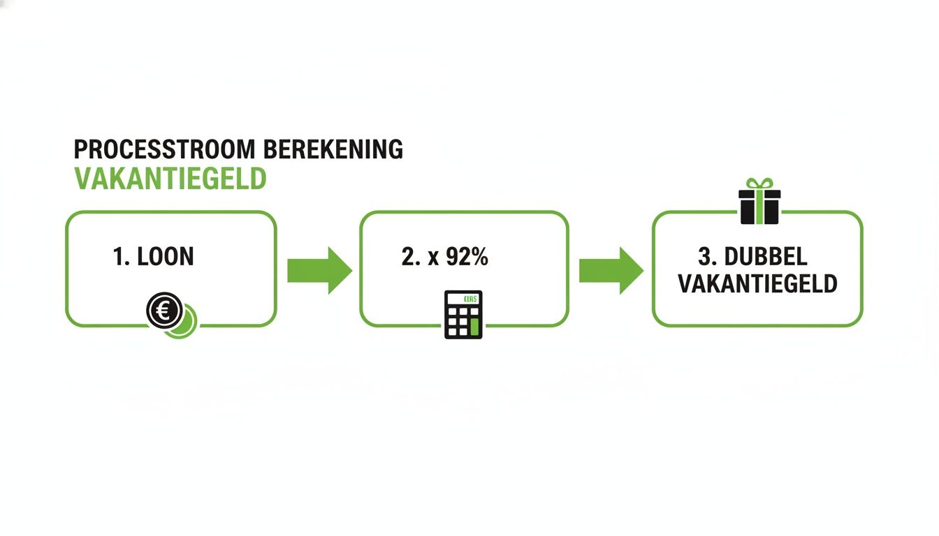 Een stroomschema dat de berekening van vakantiegeld uitlegt, van loon tot dubbel vakantiegeld.