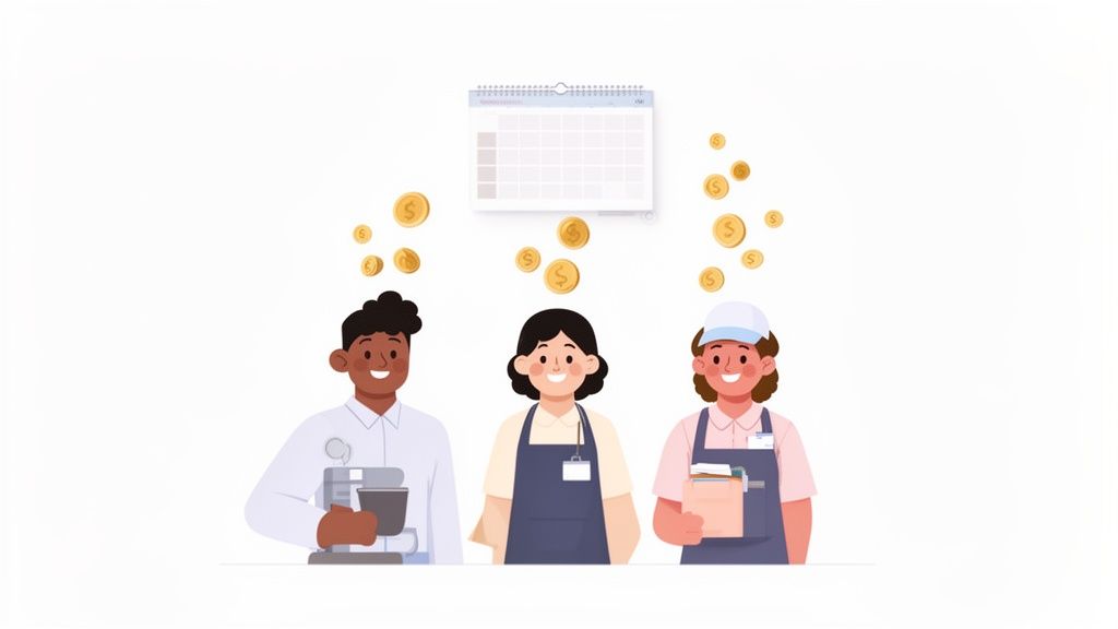 Trois travailleurs souriants, un calendrier et des pièces d'or représentant le salaire et les horaires.