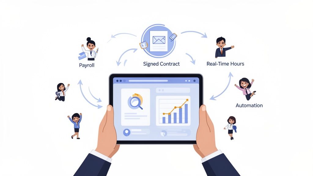 Tablette numérique affichant un tableau de bord gérant les contrats, la paie, les heures et l'automatisation.