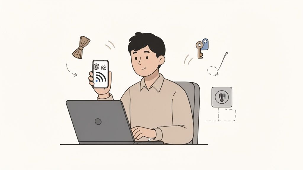 Homme utilisant un ordinateur portable et un smartphone avec des icônes de connectivité et de services autour de lui.