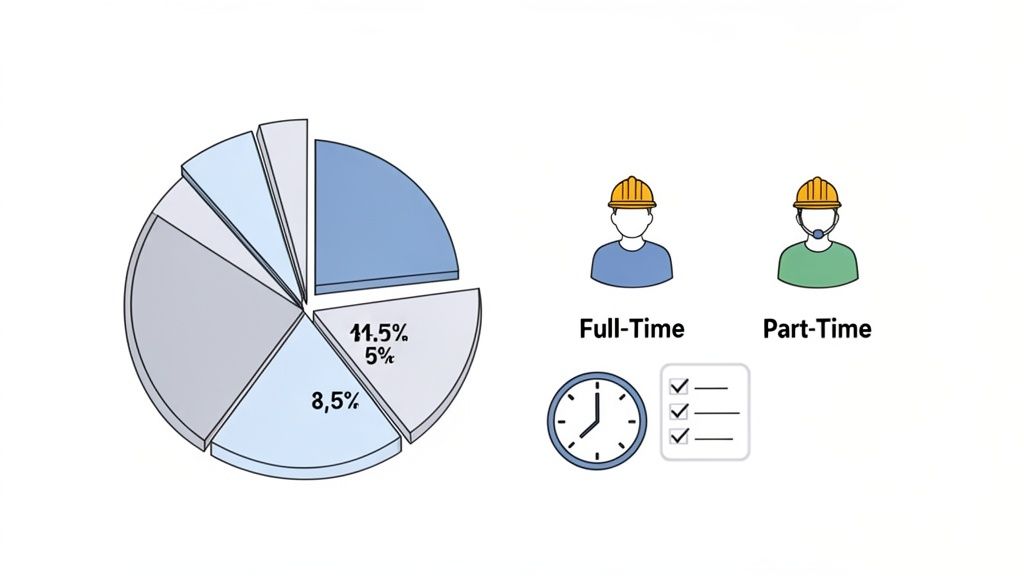 Graphique en secteurs de pourcentages de travailleurs. Icônes plein temps, temps partiel, horloge et liste de tâches.