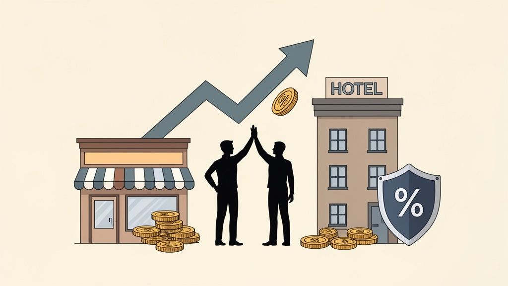 Deux hommes célèbrent le succès entre un magasin et un hôtel, symbolisant croissance et incitations financières.