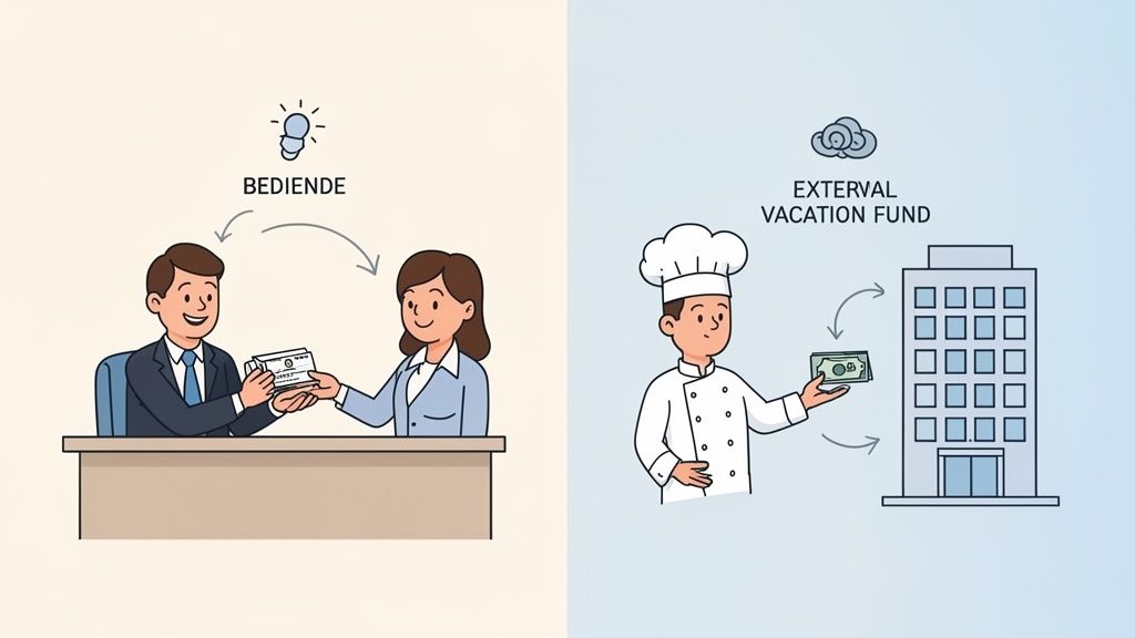 Illustratie van bedienden die kaarten ontvangen en een chef die geld in een extern vakantiefonds stort.