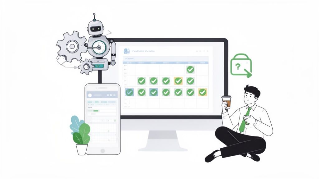 Een robot met tandwielen automatiseert een planning op een computerscherm en smartphone, terwijl een man koffie drinkt.