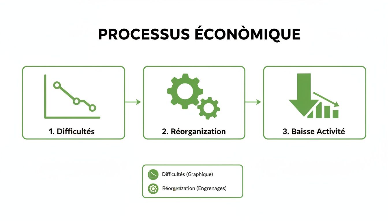 Schéma illustrant un processus économique en trois étapes : difficultés (graphique descendant), réorganisation (engrenages), et baisse d'activité (flèche et barres descendantes).