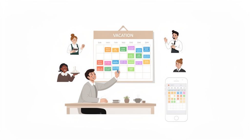 Un responsable planifie les congés des employés sur un calendrier mural et un smartphone, entouré d'illustrations d'employés divers.