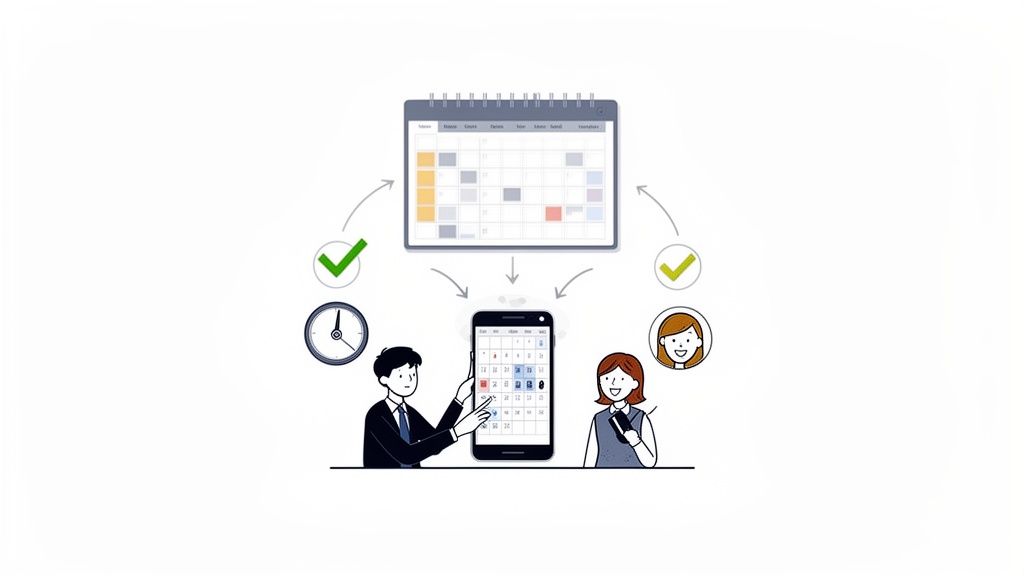 Illustration de planification de congés avec calendrier, smartphone, horloge et personnes gérant leurs disponibilités.