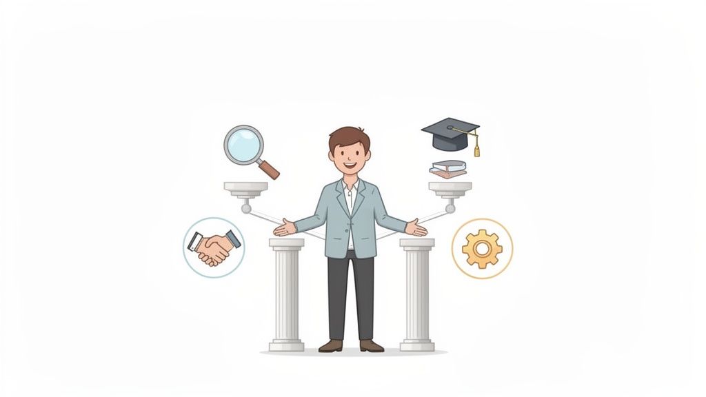 Un homme souriant équilibre la recherche, la collaboration, l'éducation et l'efficacité entre deux piliers.