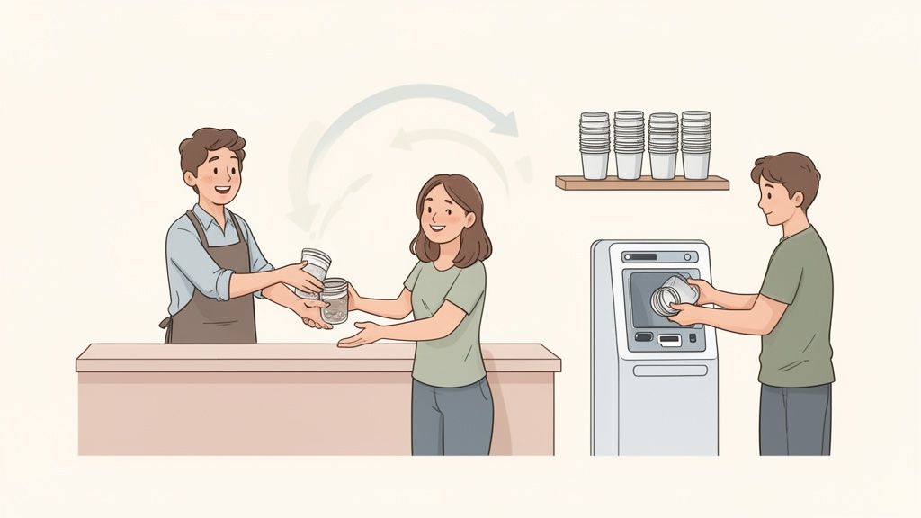 Een barista overhandigt herbruikbare potten aan een klant, terwijl een andere man een beker in een recycleautomaat plaatst.