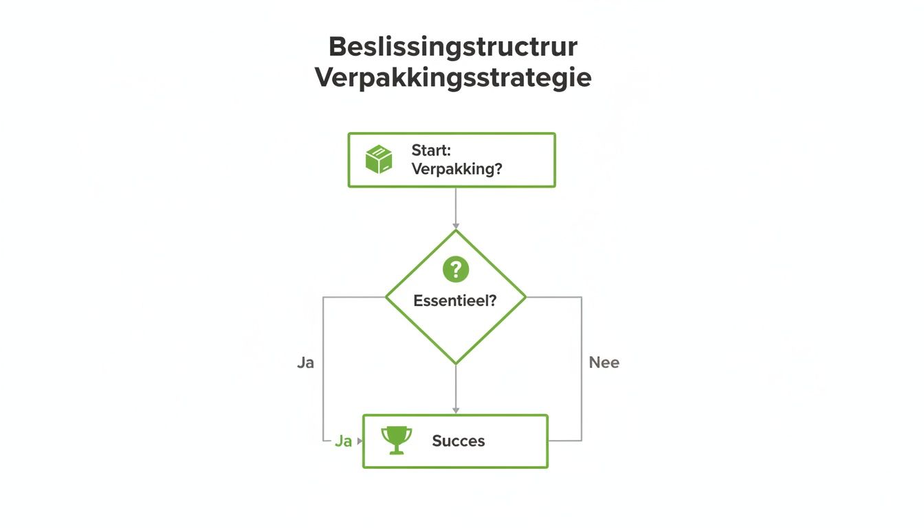 Flowchart voor een verpakkingsstrategie, beginnend met 'Verpakking?' en via de vraag 'Essentieel?' leidend tot 'Succes'.