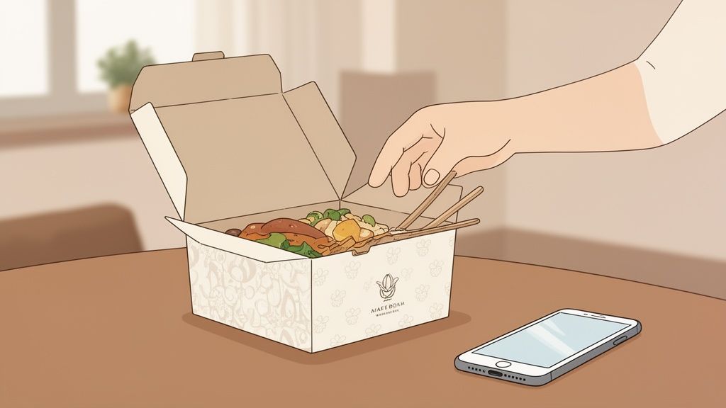 Hand pakt eten uit een afhaalmaaltijdverpakking op tafel, naast een smartphone.