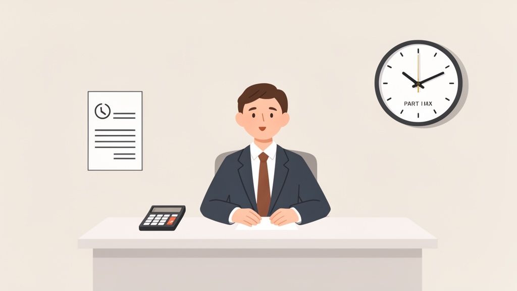 Illustration d'un homme en costume assis à un bureau avec un document, une calculatrice et une horloge murale.