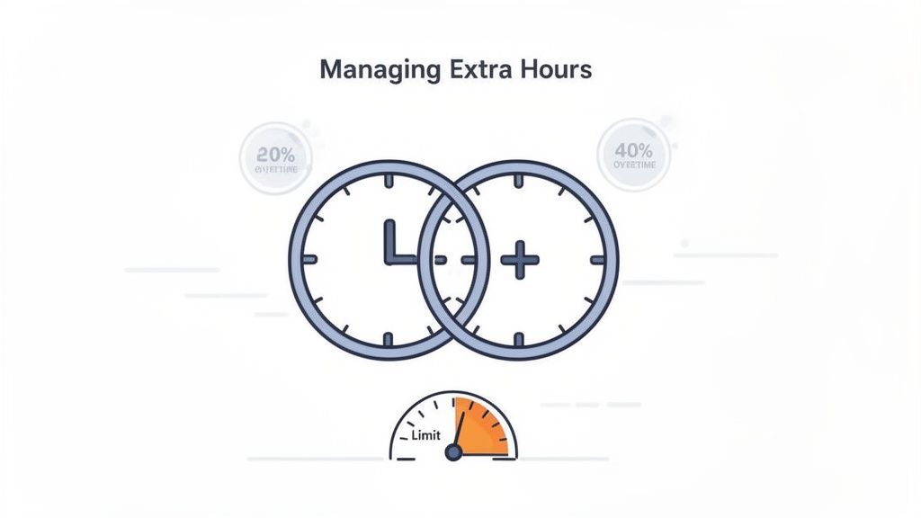 L'image représente la gestion des heures supplémentaires avec des horloges et un indicateur de limite.