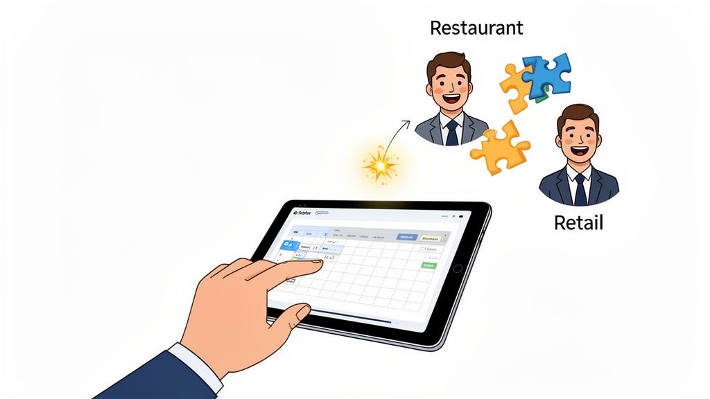 Une main utilise une tablette affichant des données, connectant des managers de restaurant et de vente au détail.