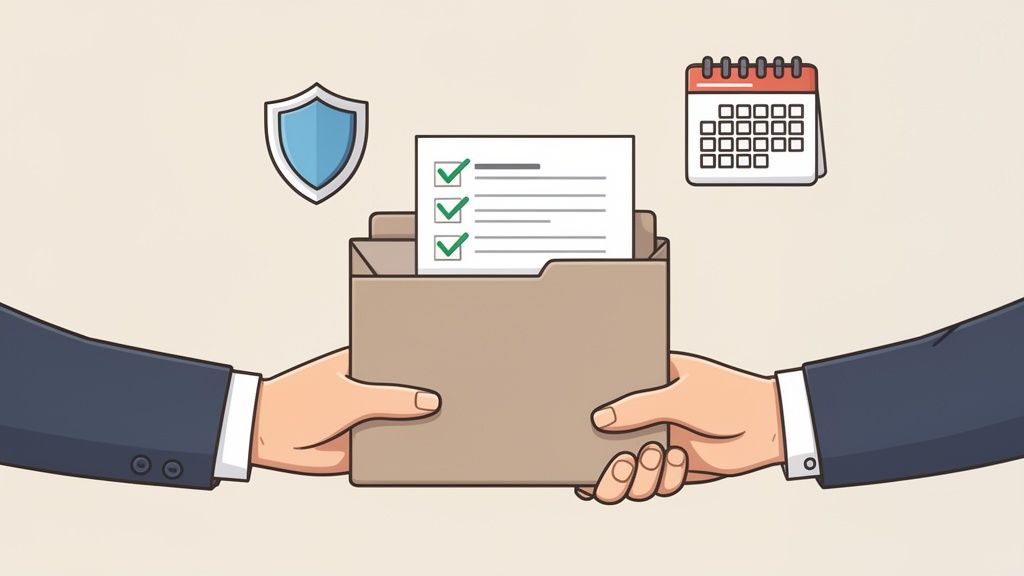 Deux mains échangent un dossier de documents avec une liste de contrôle, accompagné d'un bouclier et d'un calendrier.