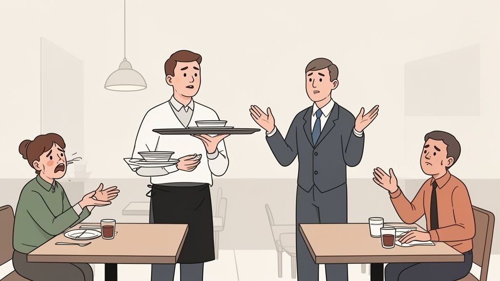 In een restaurant zit een huilende vrouw aan tafel, terwijl een ober en manager verward met elkaar praten over een probleem.