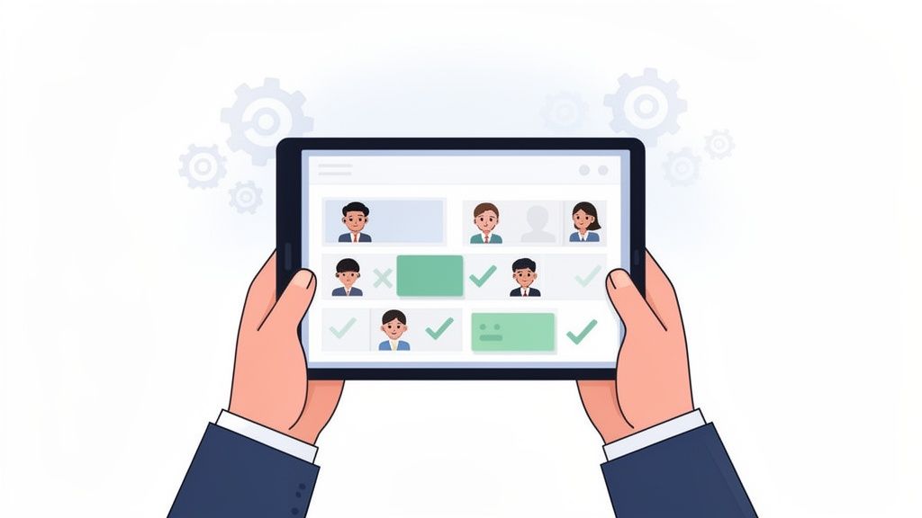 Des mains tiennent une tablette affichant des profils de personnes avec des coches et des croix, suggérant une sélection de candidats.