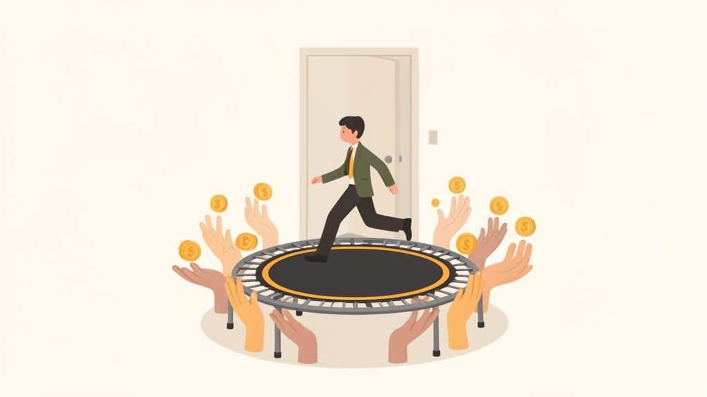 Un homme d'affaires court sur un trampoline, soutenu par des mains lançant des pièces d'or, symbolisant le rebond financier et l'opportunité.