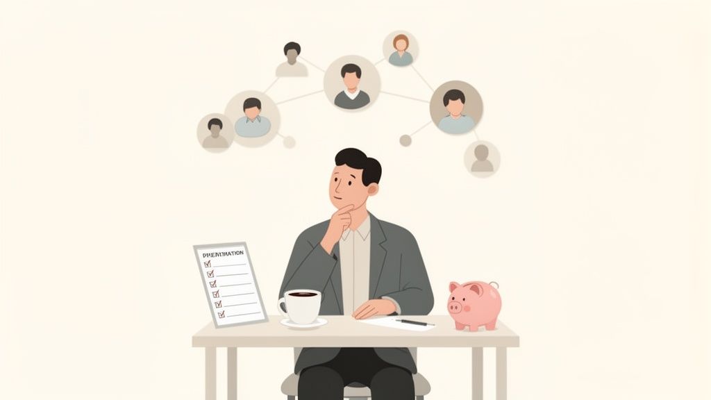Un homme pensif est assis à un bureau avec une liste de contrôle, une tirelire et un réseau de personnes au-dessus.