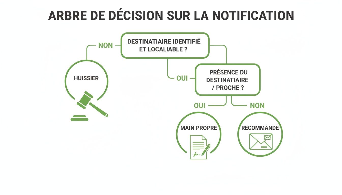 Diagramme de décision illustrant les étapes de notification légale selon l'identification et la présence du destinataire.