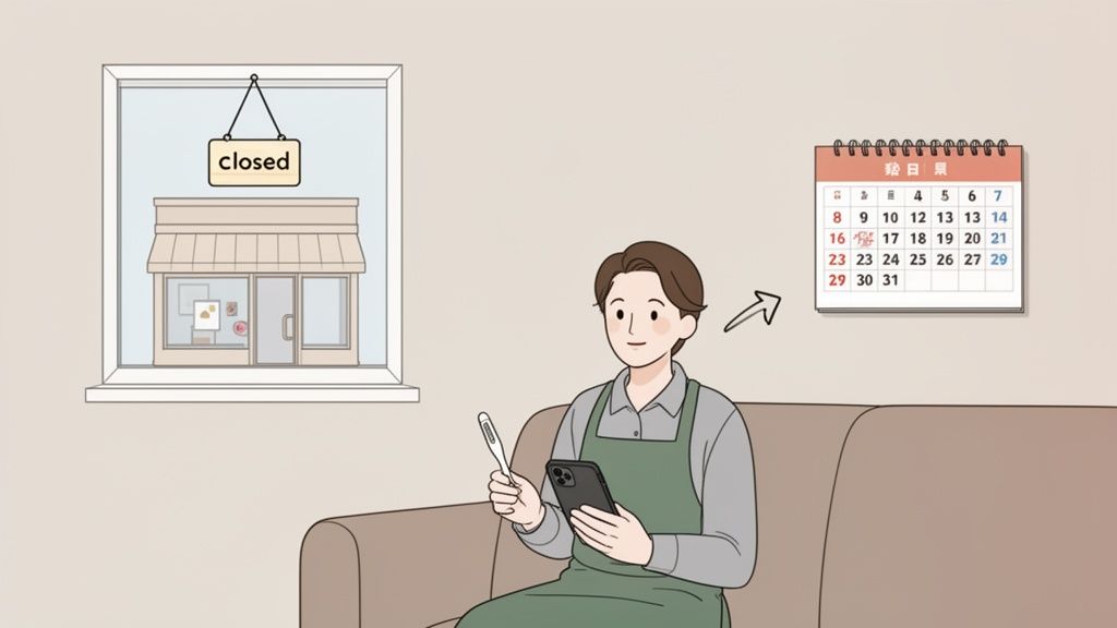 Zieke persoon met thermometer en telefoon op de bank, kijkt naar kalender. Winkel is gesloten.