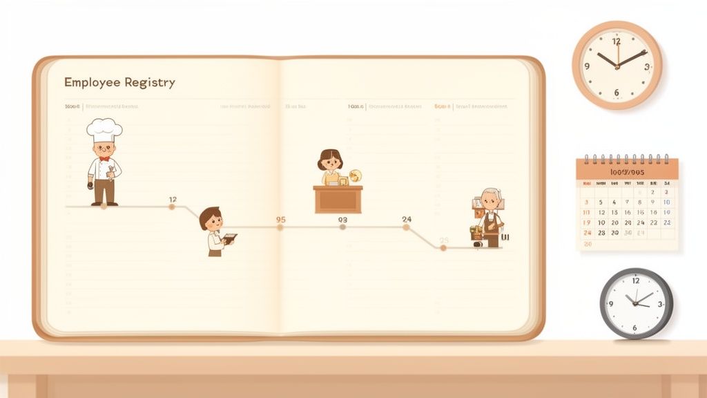 Un registre du personnel ouvert avec un graphique de progression illustré par des employés, un calendrier et des horloges.