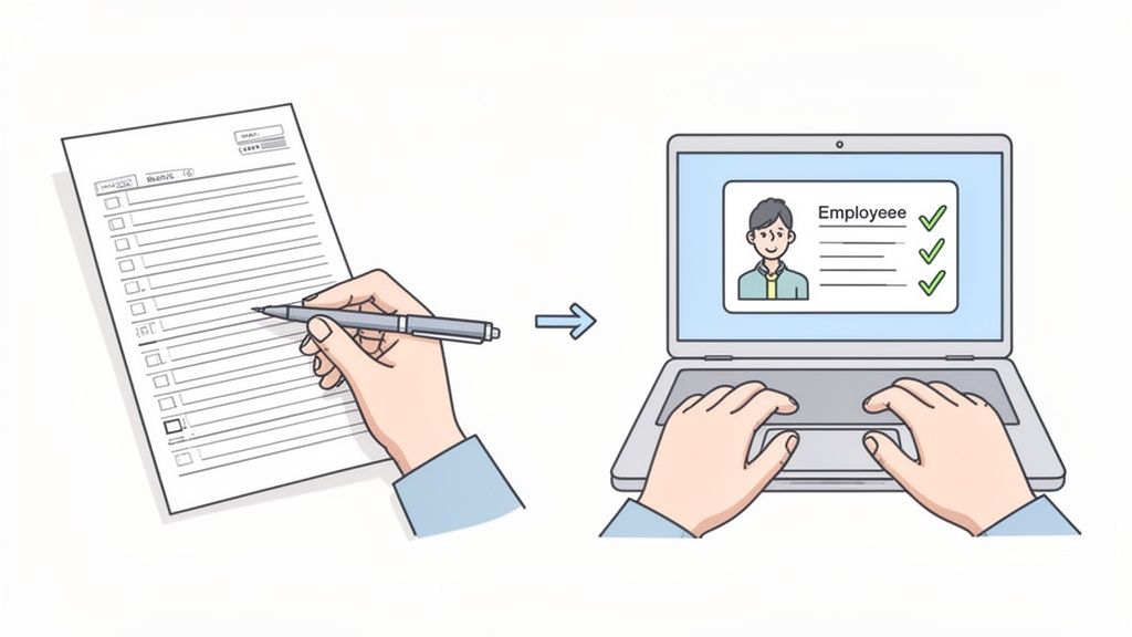 Transition de l'enregistrement manuel des employés sur papier vers la saisie numérique via un ordinateur portable.