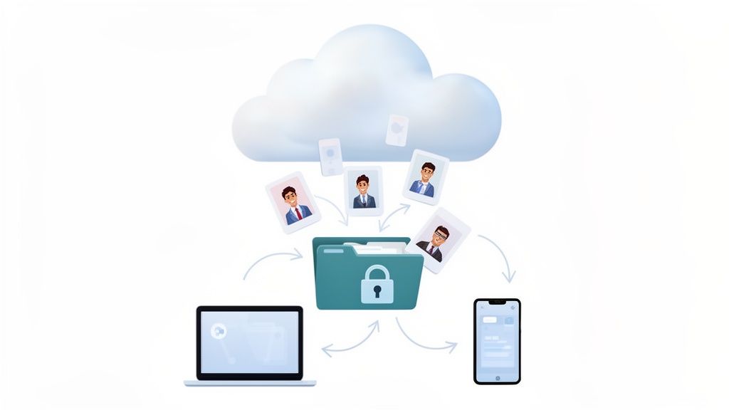 Nuage stockant des profils et données personnelles, accessibles via un dossier sécurisé, ordinateur et smartphone.