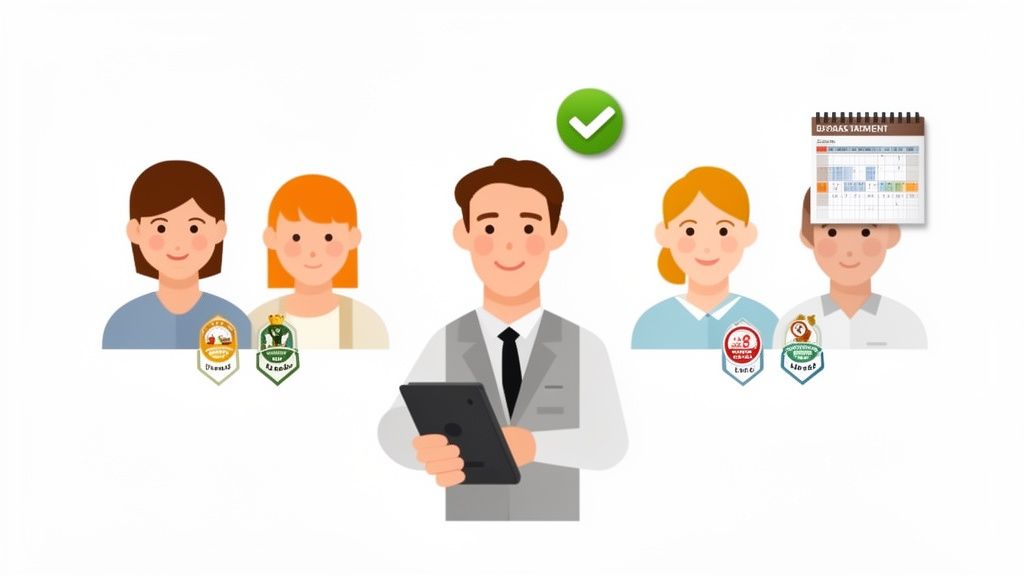 Illustration d'un homme utilisant une tablette entouré de personnes et de symboles d'approbation et de calendrier.