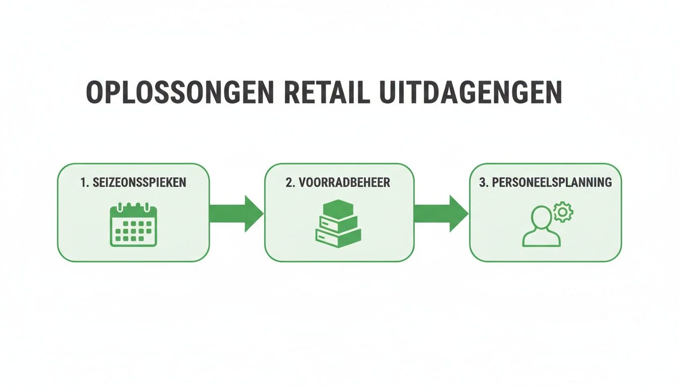 Infographic over oplossingen voor retail uitdagingen: seizoenspieken, voorraadbeheer en personeelsplanning in stappen.