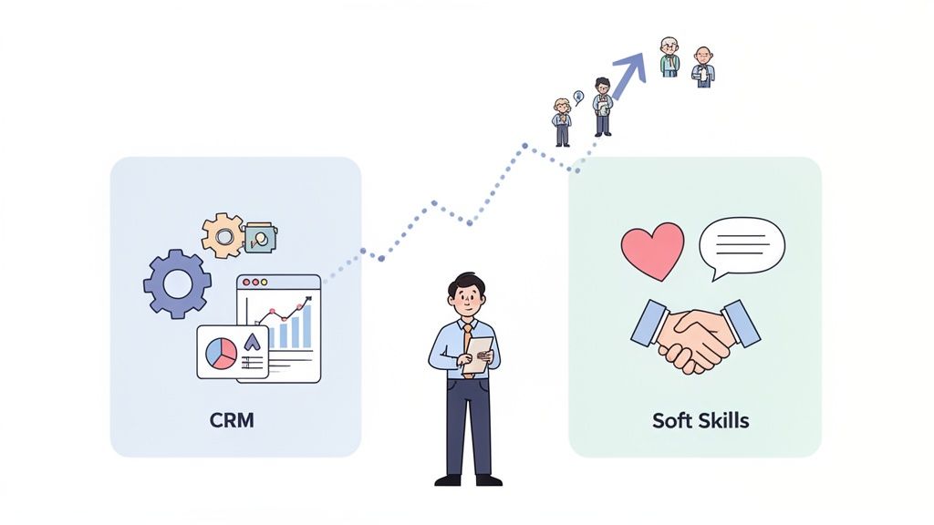 Illustration montrant la combinaison du CRM et des compétences relationnelles (soft skills) pour la croissance client.