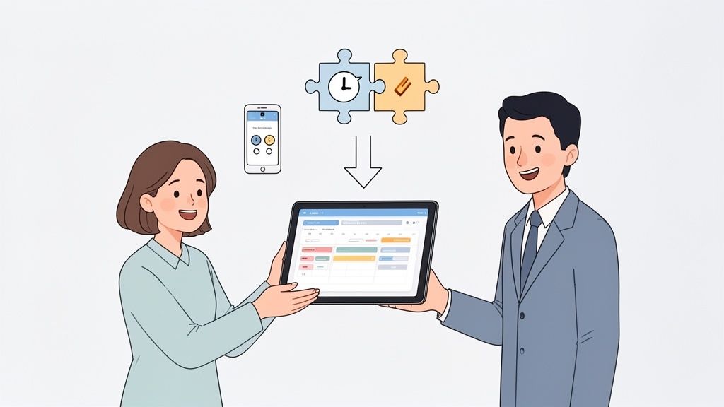 Une femme et un homme partagent une tablette, symbolisant la coordination des tâches et la gestion du temps.