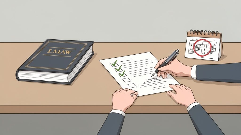 Une personne signe un document, coche des cases, avec un livre de droit et un calendrier marqué.