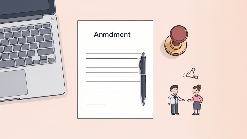 Image d'un bureau avec un document intitulé « Anmdment », un stylo, un tampon et deux personnes discutant d'un accord.