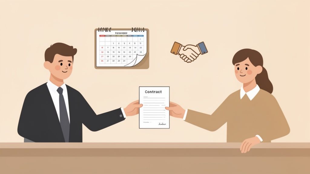 Un homme et une femme échangent un contrat devant un calendrier et un symbole de poignée de main, illustrant un accord commercial.