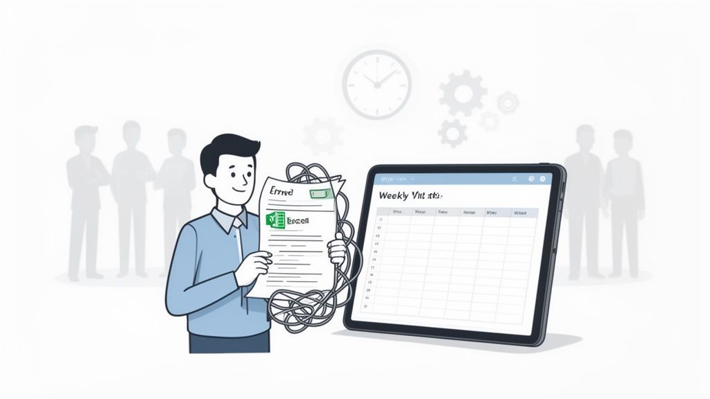 Un homme souriant tient un document Excel froissé, relié par des fils à une tablette affichant un planning hebdomadaire. Symbolise la simplification des tâches complexes.
