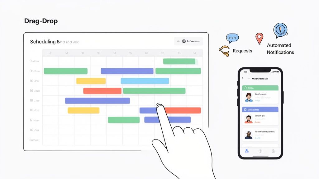 Interface de planification glisser-déposer avec un calendrier, des tâches colorées, une main, et une application mobile de gestion d'équipe et notifications.