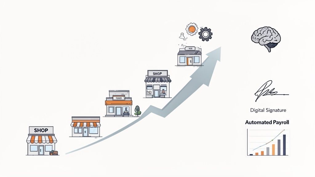 Illustration montrant l'évolution et la croissance d'une entreprise avec l'automatisation et les outils numériques.