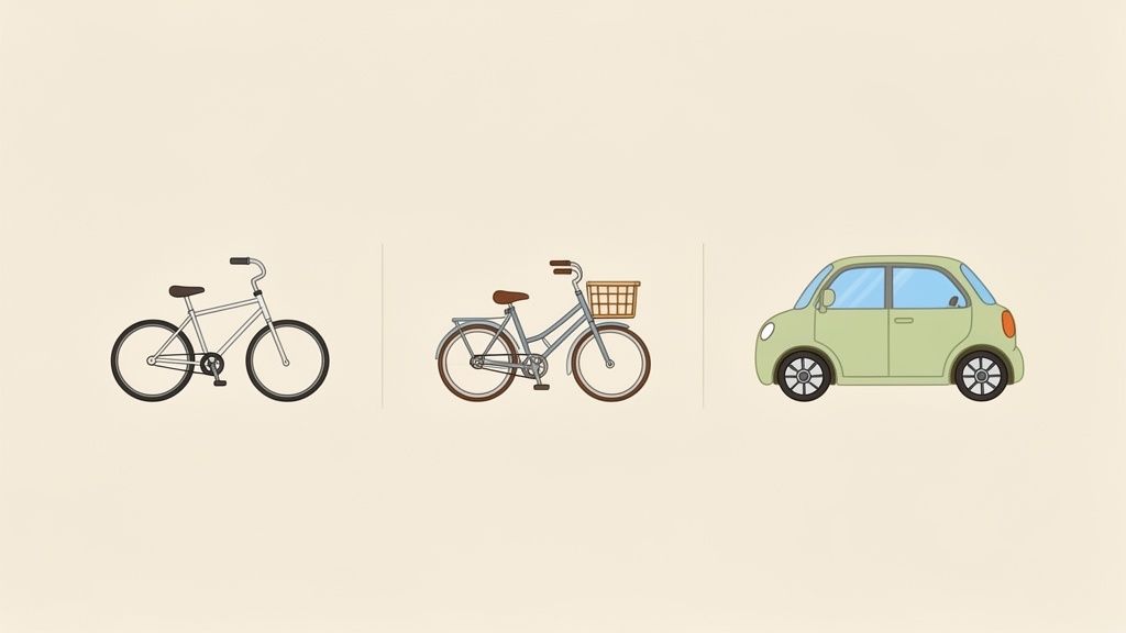 Trois modes de transport illustrés : un vélo argenté, un vélo bleu avec panier et une petite voiture verte.