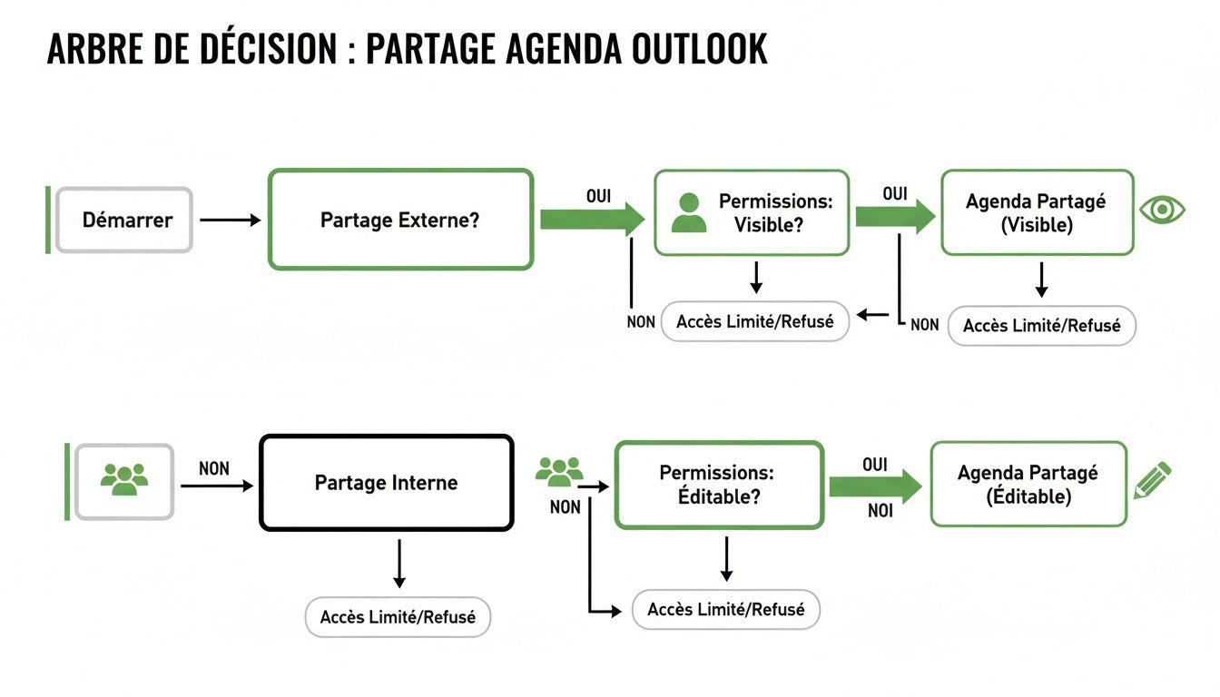 Arbre de décision pour le partage d'agenda Outlook, détaillant les étapes pour les permissions externes et internes.