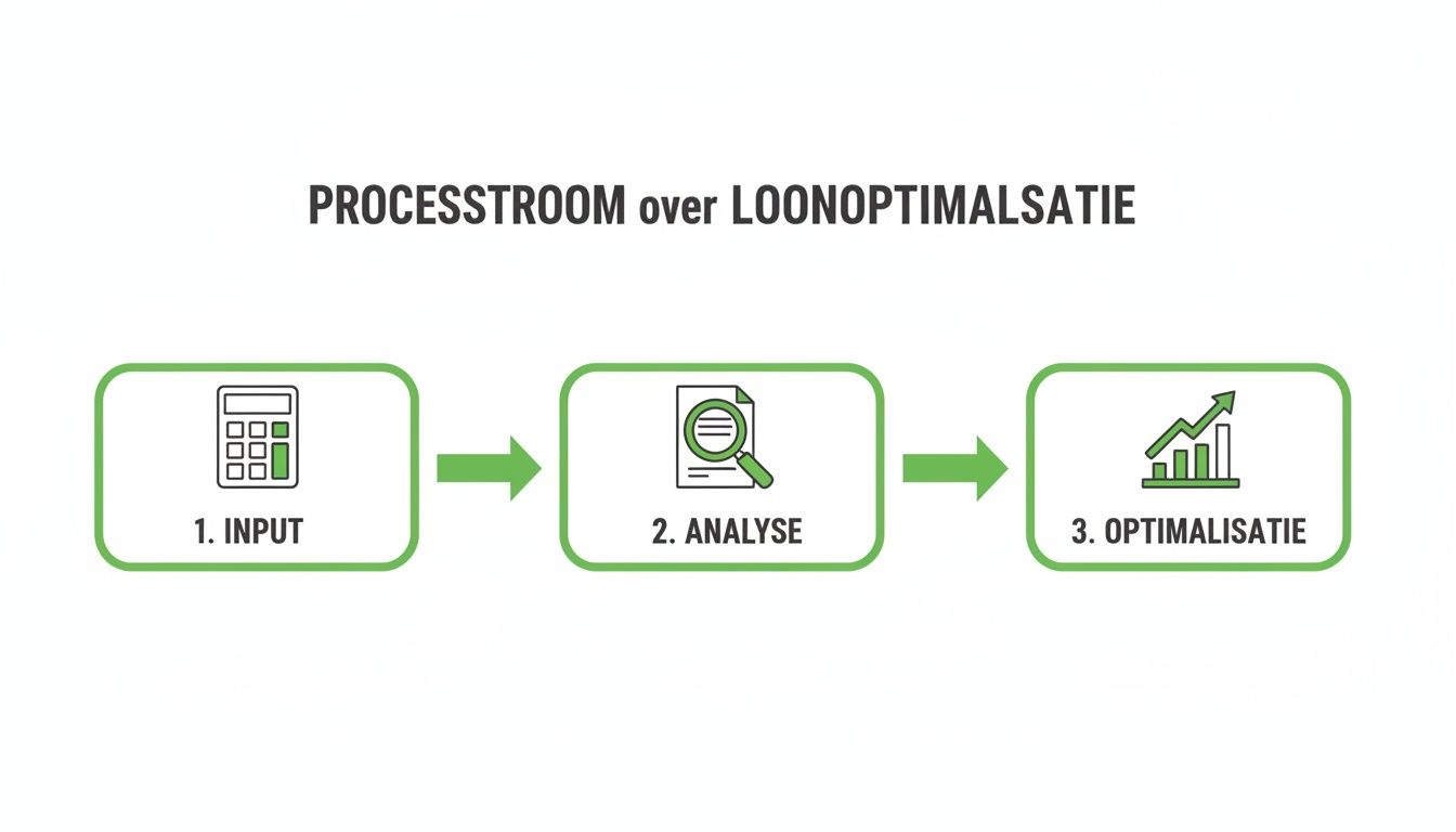 Processtroom voor loonoptimalisatie, met stappen voor input, analyse en optimalisatie van salarissen.