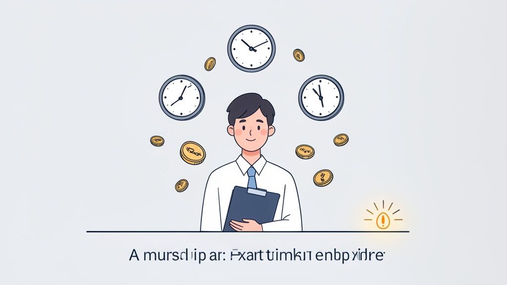 Un homme souriant avec un presse-papiers, entouré d'horloges et de pièces de monnaie, symbolisant la gestion du temps.