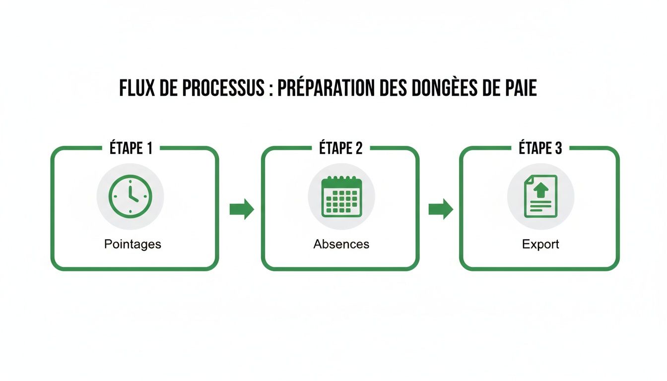 Flux de processus pour la préparation des données de paie avec les étapes de pointages, absences et export.