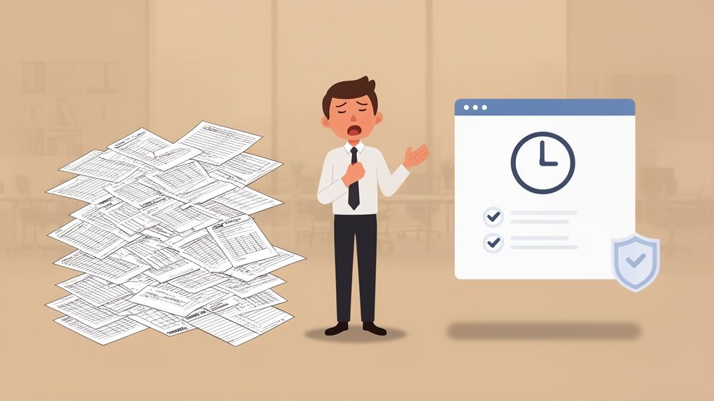 Un homme stressé devant une pile de papiers, contrastant avec une solution numérique efficace et sécurisée.